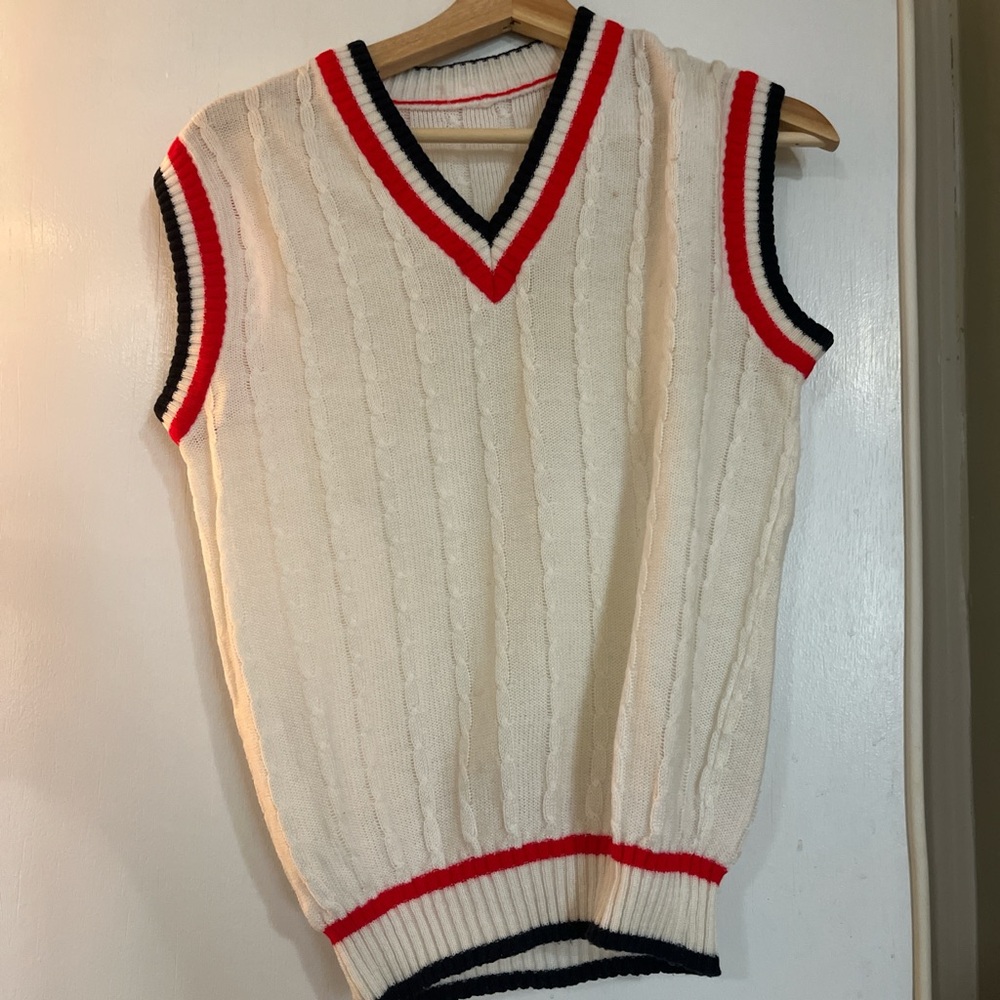 Cream Cable Knit V-Neck Sweater Vest with Red & Navy Trim